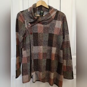 PURE Essence Asymmetrical Cowl Neck Plaid Tunic Top Size Small